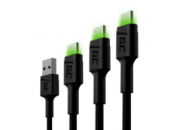 Set 3 cavi USB Green Cell GC Ray - USB-C 30 cm, 120 cm, 200 cm, LED verde, ricarica rapida Ultra Charge, QC 3.0