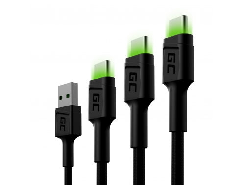 Set 3 Cavi USB-C Tipo C 30cm, 120cm, 200cm, LED Green Cell Ray, con ricarica rapida, Ultra Charge, Quick Charge 3.0