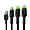 Set 3 cavi USB Green Cell GC Ray - USB-C 120 cm, LED verde, ricarica rapida Ultra Charge, QC 3.0