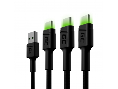 Set 3 Cavi USB-C Tipo C 200cm, LED Green Cell Ray, con ricarica rapida, Ultra Charge, Quick Charge 3.0
