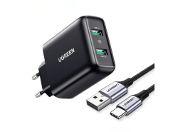 Caricabatterie da parete UGREEN CD161, 2 porte USB-A, Potenza 18W, Ricarica rapida Power Delivery 3.0, Colore nero