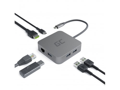 Adattatore HUB USB-C Green Cell 6 in 1 (3xUSB 3.0 HDMI 4K Ethernet) per Apple MacBook Pro, Air, Asus, Dell XPS, HP, X1 - OUTLET