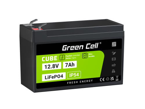 Green Cell CUBE LiFePO4 Batteria 7Ah 12.8V 89.6Wh LFP al litio 12V per UPS, Giocattolo allarme, CCTV Telecomunicazioni