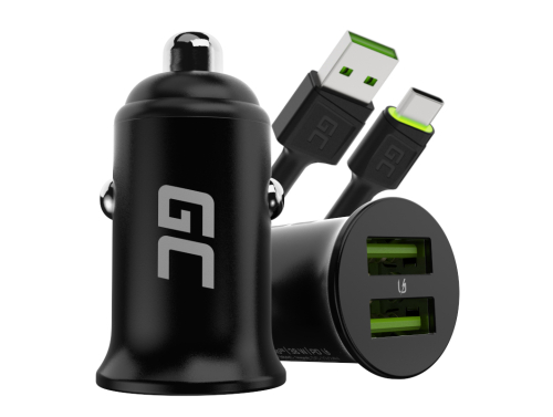 Green Cell Caricabatterie USB PowerRide Nano36, 2x USB-A, 36W con Ultra Charge a ricarica rapida + LED Cavo USB-C 120cm