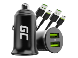 Green Cell Caricabatterie USB PowerRide Nano36, 2x USB-A, 36W con Ultra Charge a ricarica rapida + 2x LED Cavo USB-C 120cm