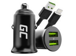 Green Cell Caricabatterie USB PowerRide Nano36, 2x USB-A, 36W con Ultra Charge a ricarica rapida + LED Cavo Lightning 120cm