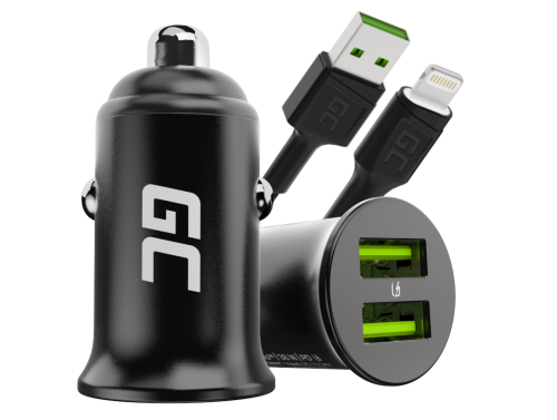 Green Cell Caricabatterie USB PowerRide Nano36, 2x USB-A, 36W con Ultra Charge a ricarica rapida + LED Cavo Lightning 120cm