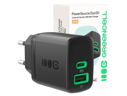 Greencell PowerSource Duo30 Caricatore USB/USB-C Nera Caricabatterie 30W Power Delivery