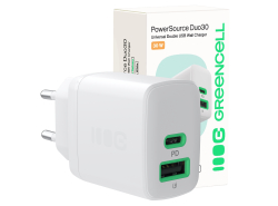 Greencell PowerSource Duo30 Caricatore USB/USB-C Bianco Caricabatterie 30W Power Delivery