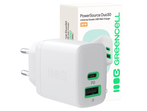 Greencell PowerSource Duo30 Caricatore USB/USB-C Bianco Caricabatterie 30W Power Delivery