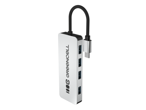Adattatore Basic HUB Greencell USB-C 4in1 (4×USB-A 3.0) – veloce trasferimento fino a 5 Gb/s, custodia in alluminio