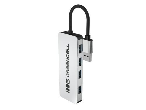 Adapter Basic HUB Greencell USB-A 4in1 (4×USB 3.0) – trasferimento veloce fino a 5 Gb/s, corpo in alluminio